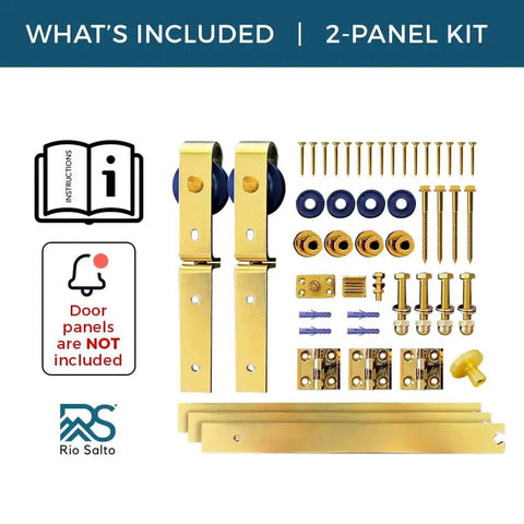 Gold Finish Bifold Sliding Barn Door Hardware Kit For Two Doors 36 Inch Track Heavy Duty Metal System With Matching Knobs No Door Included Ideal For Closet Doors And Interior Barn Spaces components shown