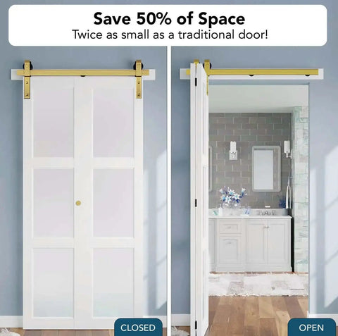 Gold Finish Bifold Sliding Barn Door Hardware Kit For Two Doors 36 Inch Track installed in home, open and closed view