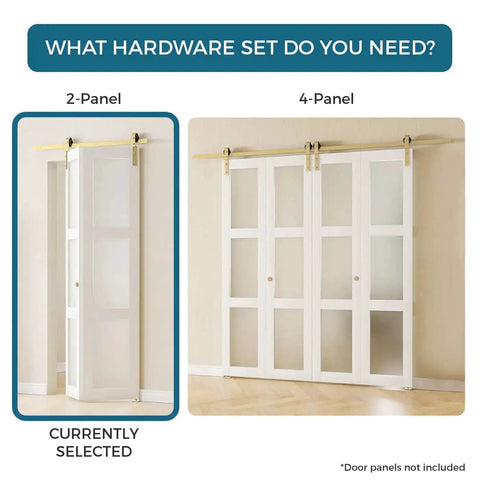 Gold Finish Bifold Sliding Barn Door Hardware Kit For Two Doors 36 Inch Track with 2-panel and 4-panel options shown, no door included