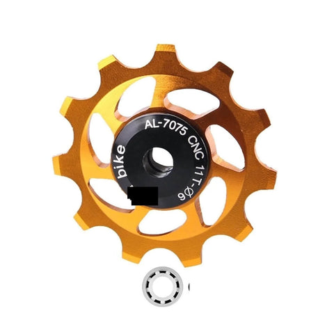 Orange spoked wheel with black center, labeled AL-7075 CNC 11T, and a small bearing below.