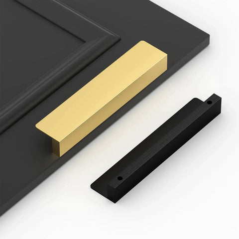 Ten Pack Black 3 Inch Cabinet Handles Finger Pulls Edge Pulls for Cabinets and Drawers Aluminum Alloy Flat Hidden Hardware displayed on surface