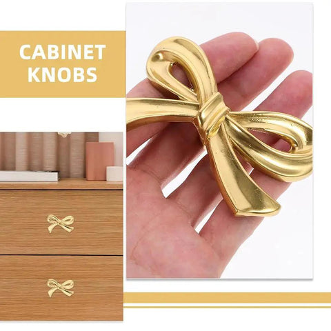 Gold Bow Knobs For Dresser Set Of 4 Brass Drawer Knobs Decorative Vintage Gold Handles shown on wooden drawers