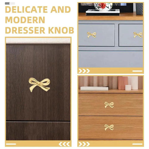 Gold Bow Knobs For Dresser Set Of 4 Brass Drawer Knobs Decorative Vintage Gold Handles on wood and blue dressers