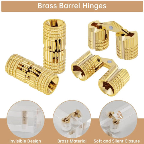 Hidden Brass Barrel Hinges Set With 8 mm Drill Bit for Wooden Boxes, Jewelry Boxes, featuring gold finish and 180° concealed opening.