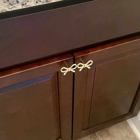 Cabinet with 2 Pack Solid Brass Bow Drawer Knobs In Gold, Vintage Cabinet Hardware For Kitchen, Elegant Bow Style