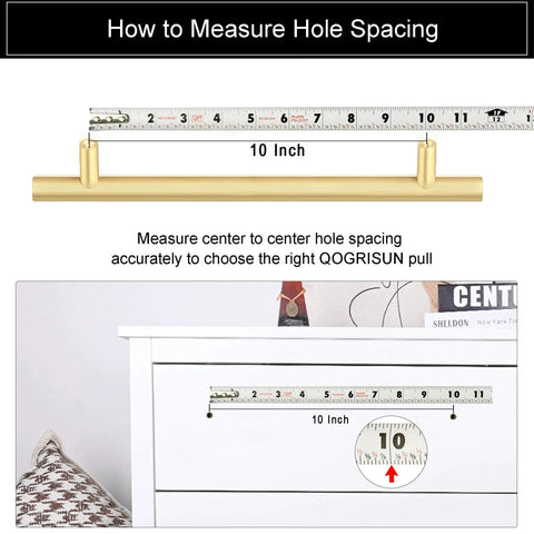 Diagram showing Solid Brass Cabinet Pulls 2 Pack Gold Brushed Finish Long Drawer Handles With 10 Inch Center To Center for accurate installation.