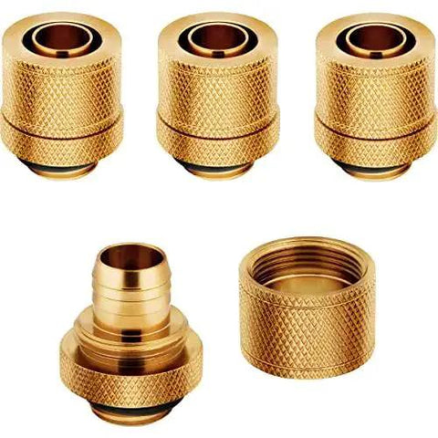 Gold XF Compression Fittings For Water Cooling 10/13 Mm 3/8 To 1/2 Inch ID OD Four Pack With G1/4 BSPP Threads displayed