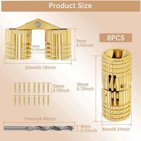 Size diagram of Hidden Brass Barrel Hinges Set With 8 mm Drill Bit for DIY projects, including 8 gold-finish hinges and screws