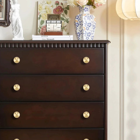 Dresser with One Inch Gold Ball Cabinet Knobs Set Crafted From Solid Brass With Hand Brushed Finish, displaying premium brushed brass hardware.