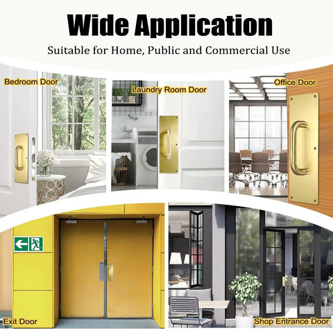 Image showing 12 Inch Stainless Steel Door Handle Pull And Push Plate Set installed on various door types including bedroom, office, and shop doors.
