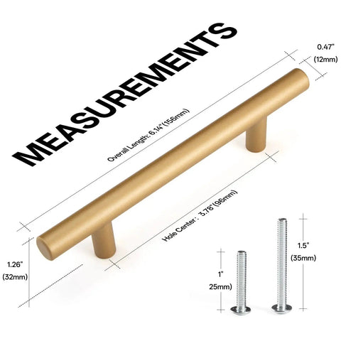 Ten Pack Hollow Stainless Steel Cabinet Handles in Gold Finish 6 Inch Length with Measurements and Screws