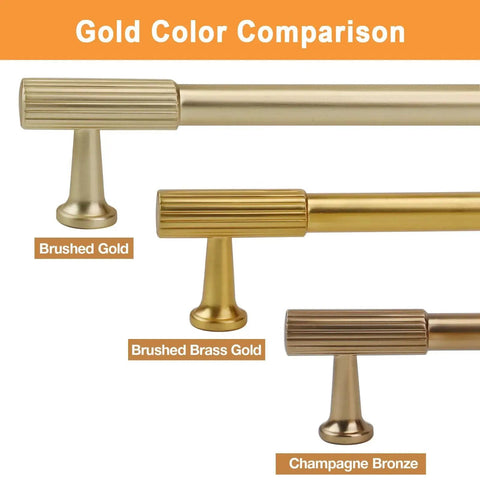 Gold color comparison showing brushed gold, brushed brass gold, and champagne bronze cabinet handles.