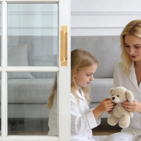 Gold Finish 4 Pack Self Adhesive Cabinet Door Handles No Drill Hardware on glass shower door with mother and child in background.