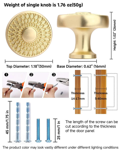 Brushed Gold Kitchen Cabinet Knobs 10 Pack Zinc Alloy Single Hole Round Drawer Pulls, size details and screws.