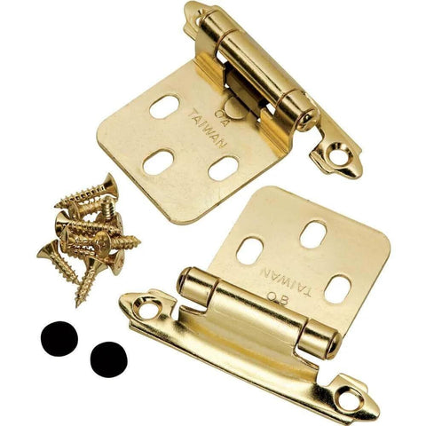 Gold finish cabinet hinges with matching screws, hardware kit visible, suitable for cabinet doors in close-up view.