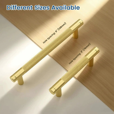Two sizes of Diamond Knurled Gold Cabinet Pulls Set For Kitchen 5 Inch Hole Center Aluminum Alloy Handles on wooden surface