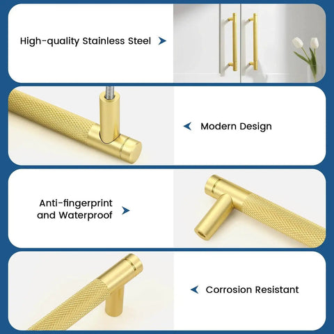Gold Knurled Cabinet Pulls Set of 30 With 5 Inch Hole Center Aluminum Alloy Handles for Kitchen Cabinets, modern design display