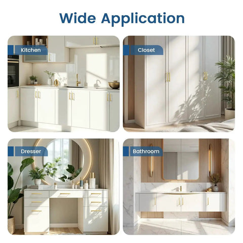 Diamond Knurled Gold Cabinet Pulls Set For Kitchen 5 Inch Hole Center Aluminum Alloy Handles shown in kitchen, closet, dresser, bathroom.