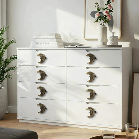 White dresser with Gold Finish Cast Iron Crescent Moon Cabinet Knobs Set Of 6 For Vintage Gothic Furniture Durable Solid Hardware shown.