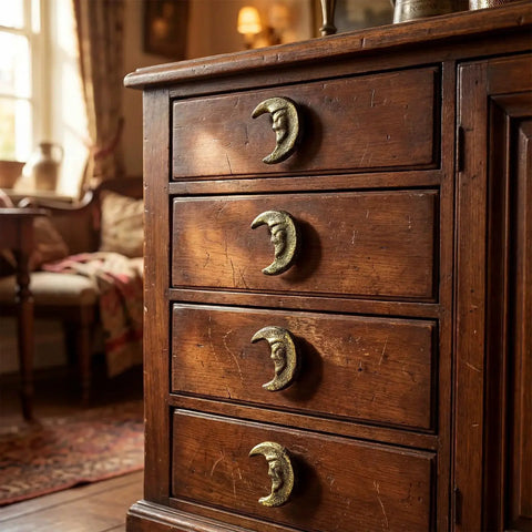 Gold Finish Cast Iron Crescent Moon Cabinet Knobs Set Of 6 installed on vintage wooden dresser drawers.