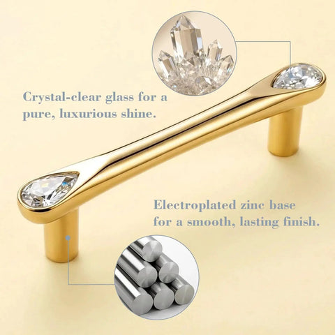 Gold Crystal Drawer Pulls 4 Pack 3-3/4 Inch Hole Center, crystal teardrop accents, polished gold finish, zinc alloy, close-up view