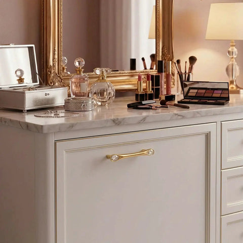 Gold Crystal Drawer Pulls 4 Pack 3-3/4 Inch Hole Center 5 Inch on elegant dresser with marble top, zinc alloy and crystal design