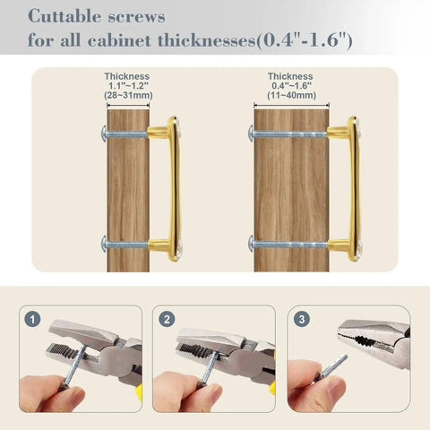 Gold Crystal Drawer Pulls 4 Pack 3-3/4 Inch Hole Center installation guide with cuttable screws for various cabinet thicknesses.