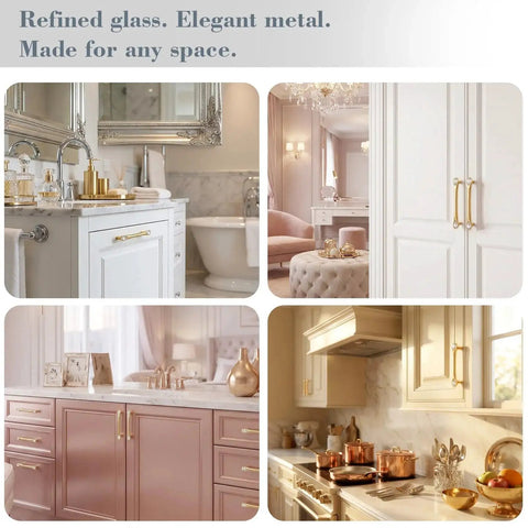 Gold Crystal Drawer Pulls 4 Pack 3-3/4 Inch Hole Center 5 Inch Elegant Dresser Cabinet Pulls shown installed in various kitchens and bathrooms