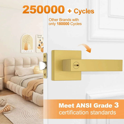 Six Pack Brushed Gold Door Handles For Interior Doors, heavy-duty privacy lever on door, side view of bedroom