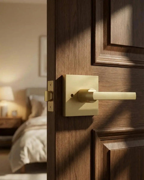 Gold Interior Door Handles Set for Bedroom and Bathroom, Zinc Alloy Heavy Duty Brushed Gold Privacy Levers, installed on wooden door