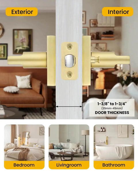 Gold Interior Door Handles Set for Bedroom and Bathroom, showcasing zinc alloy brushed gold privacy levers, interior view focus.
