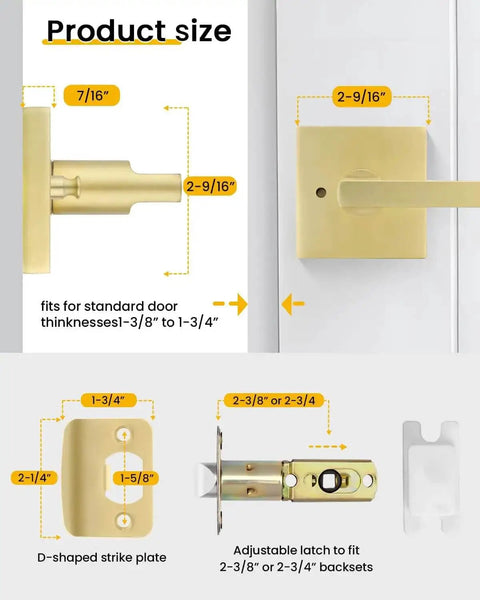 Gold Interior Door Handles Set for Bedroom and Bathroom, close-up of brushed gold privacy lever dimensions and installation features