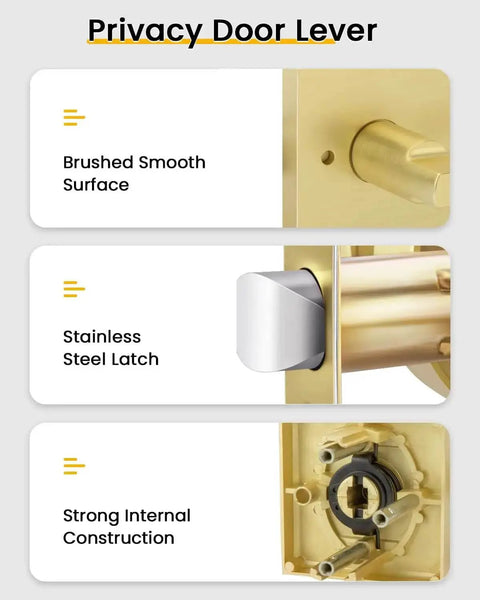 Gold Interior Door Handles Set for Bedroom and Bathroom showing brushed smooth gold surface, stainless latch, zinc alloy construction