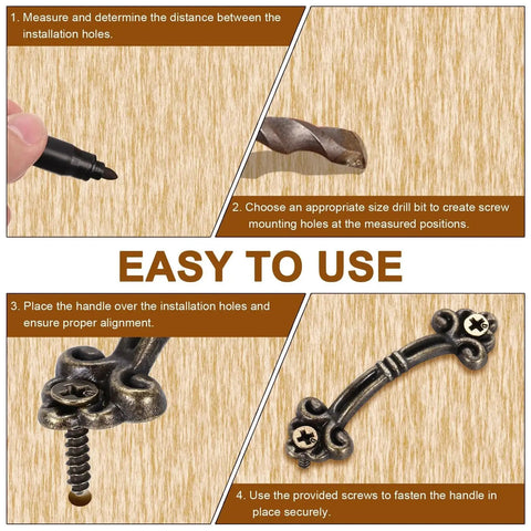 Installation guide for 20Pcs Mini Decorative Drawer Pulls Gold Finish with step-by-step mounting instructions on wood surface.