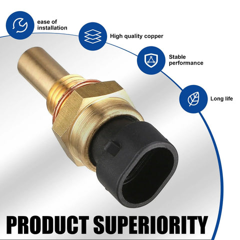 Sodcay automotive engine temperature sensor with plug, gold brass body and black plastic connector.
