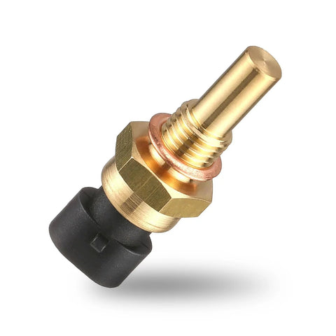 Car engine temperature sensor with plug, gold brass body and black connector, Delphi OEM compatible.