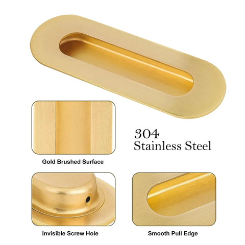 Close-up of 6 Inch Gold Recessed Finger Flush Pulls for Pocket Doors and Closet Doors, Sliding Barn Door Handle Hardware in Brushed Gold Stainless Steel.