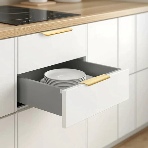 Installed 10 Pack Gold Finger Pulls For Cabinets And Drawers 6 Inch Edge Concealed Mount Modern Aluminum Brushed Gold Handle on kitchen drawer