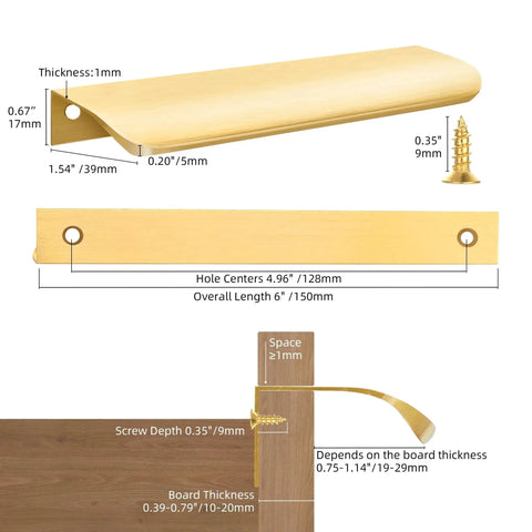 Diagram of 10 Pack Gold Finger Pulls For Cabinets And Drawers 6 Inch Edge Concealed Mount Modern Aluminum Brushed Gold with dimensions.
