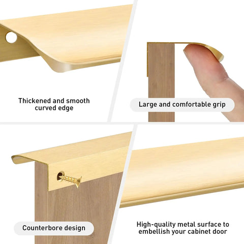10 Pack Gold Finger Pulls For Cabinets And Drawers 6 Inch Edge Concealed Mount Modern Aluminum Brushed Gold Kitchen Cabinet Handles with smooth curved edge and comfortable grip