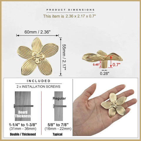 Dimensions of Six Pack 2.4 Inch Gold Flower Cabinet Knobs Set for Dresser and Drawer Furniture Hardware Vintage Floral Petal Pulls