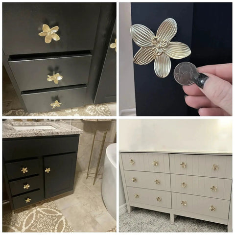 Six Pack 2.4 Inch Gold Flower Cabinet Knobs Set installed on black and white dressers, showcasing vintage floral hardware for decor.