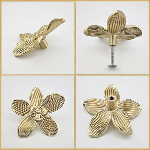 Six Pack 2.4 Inch Gold Flower Cabinet Knobs Set for Dresser and Drawer Furniture Hardware Vintage Floral Petal Pulls