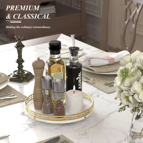 White marble lazy susan turntable for table top, 10 inch round natural marble tray with gold frame displaying condiments.