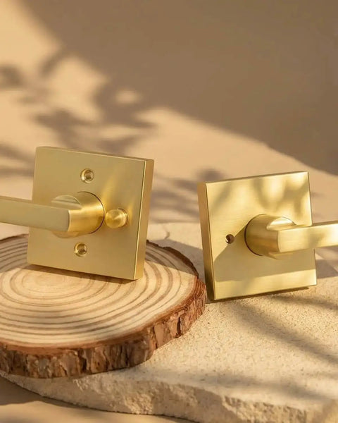 Gold Interior Door Handles Set for Bedroom and Bathroom, Zinc Alloy Heavy Duty Brushed Gold Privacy Levers on wooden display