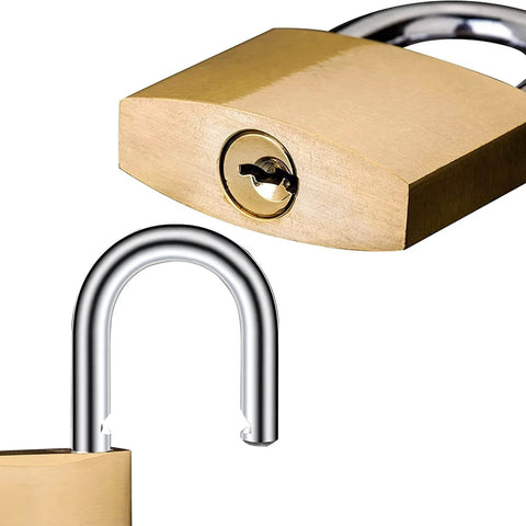 Close-up of 2 Pack Small Keyed Padlocks 32mm Locker Locks in gold with open and closed views, hardened alloy body for luggage and gym lockers.
