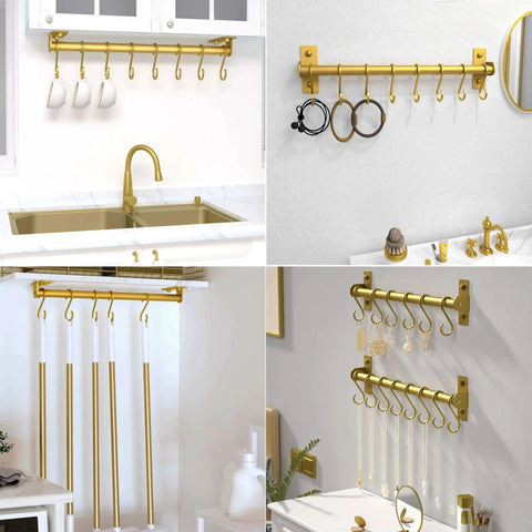 Kitchen Utensil Holder Hanger, Pot and Pan Rack Wall Mounted, Kitchen Rail with 8 Hooks for Hanging Cooking Utensils, Mugs, Spoons, Gold.