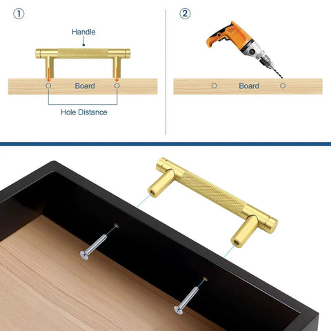 Installation guide for gold knurled cabinet pulls with 5-inch centers, showing drill alignment and attachment on drawer.