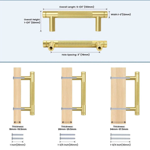 Gold Knurled Cabinet Pulls Set of 30 With 5 Inch Hole Center Aluminum Alloy Handles dimensions and installation guide