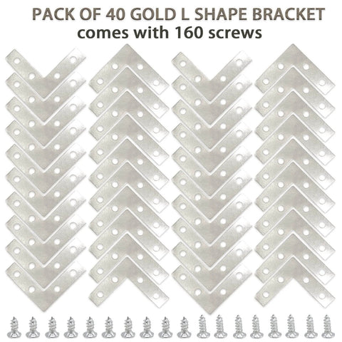 40 Pack Silver L Corner Brackets with screws, 1.5x1.5 inch, for wood and metal furniture and shelf support, shown in packaging.